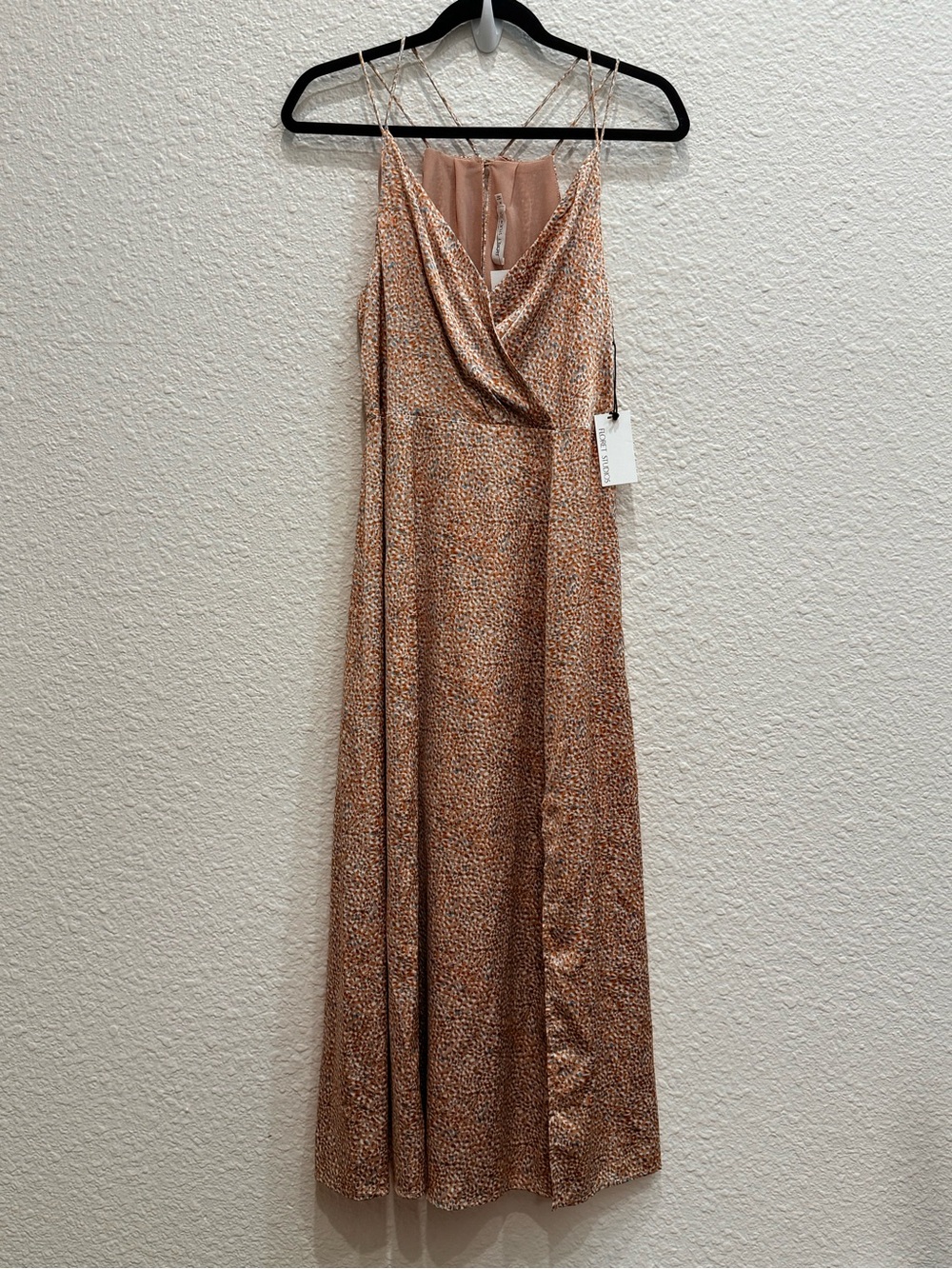 Floret Studios Abstract Wrap Midi Dress in Brown & Blue Size Medium NWT